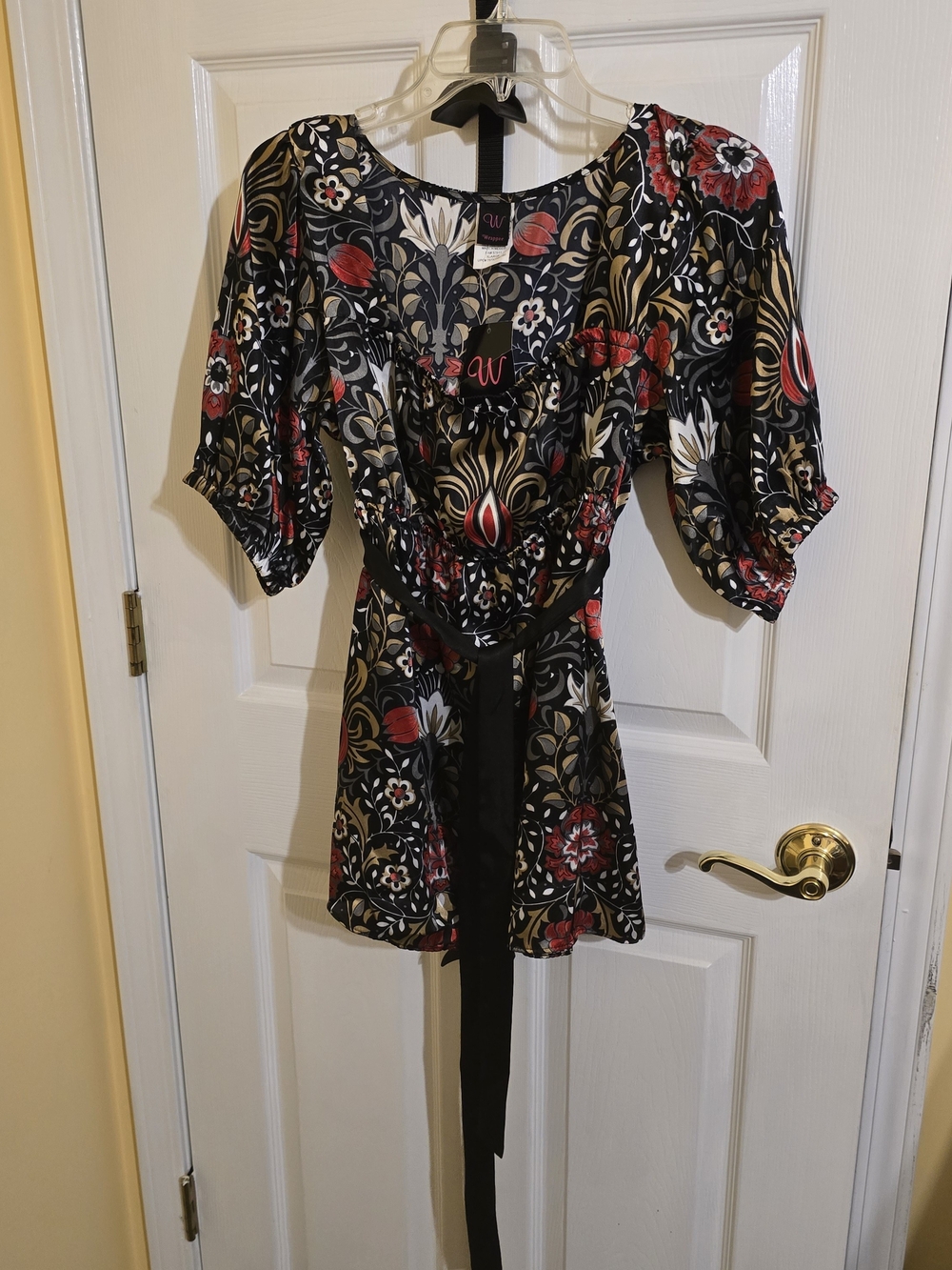 Wrapper Black Floral Wrap Tunic with Red and Cream Accents